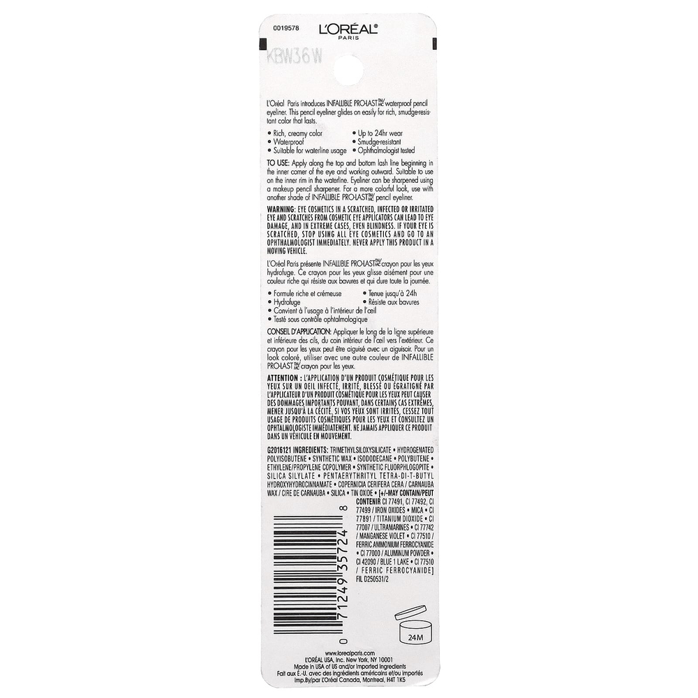 L'Oréal, Infallible Pro-Last ™, водостойкий карандаш для глаз, 930 черный, 1,2 г (0,042 жидк. унц.)