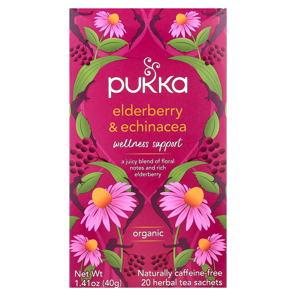 Pukka Herbs, Органический травяной чай, бузина и эхинацея, без кофеина, 20 пакетиков, 40 г (1,41 унции)