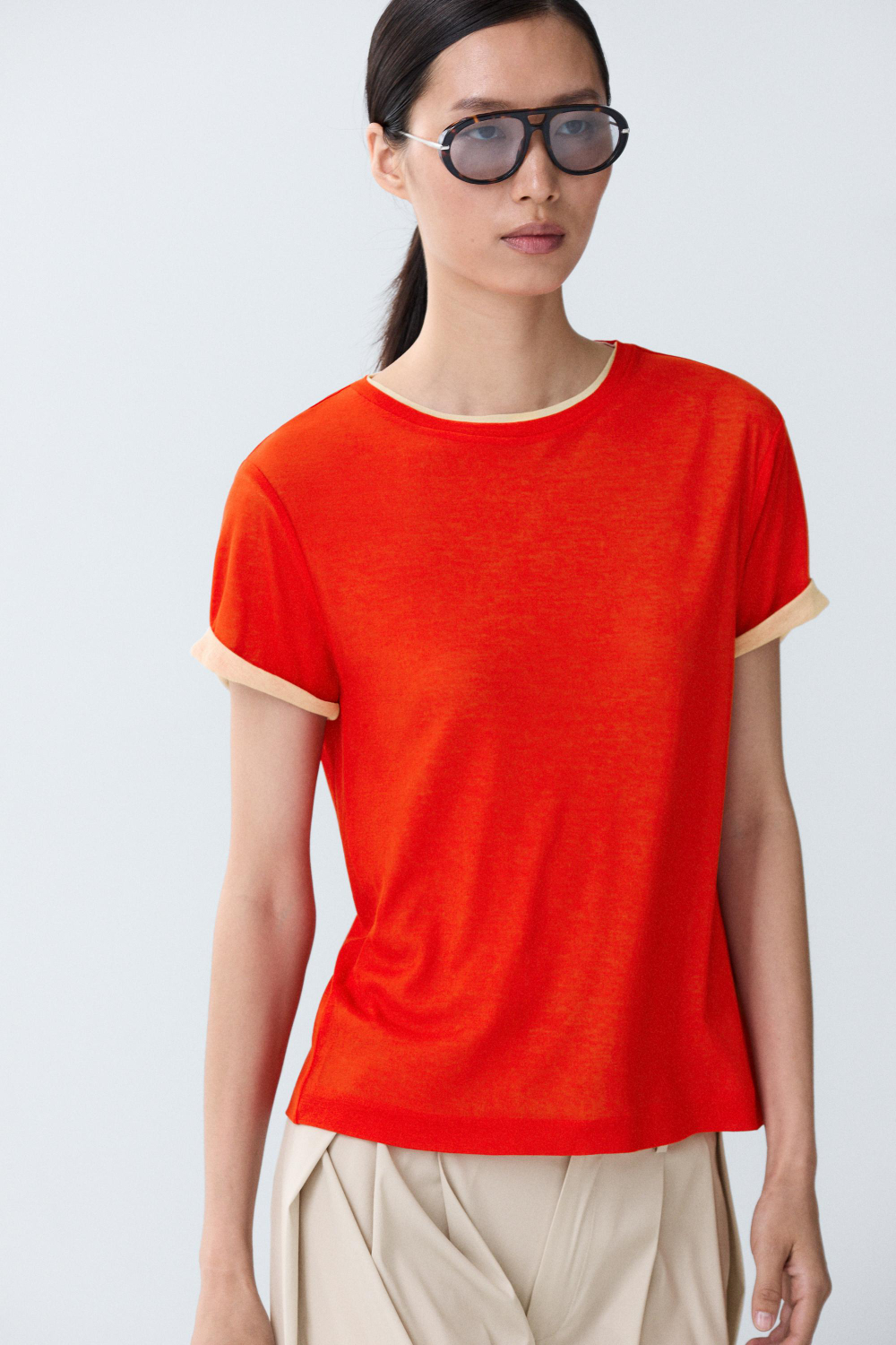 Massimo Dutti Футболка с короткими рукавами и двойной отделкой, красный