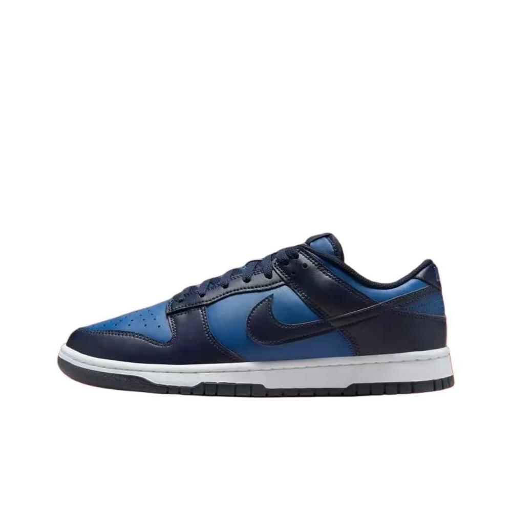 alt="Гладкая кожа и логотип Swoosh на Nike Dunk Low Mystic Navy HF5441-402"
