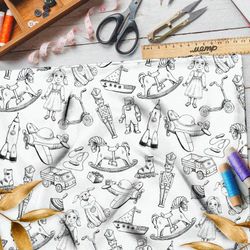 Ткань дюспо эскизы детских игрушек на бежевом фоне