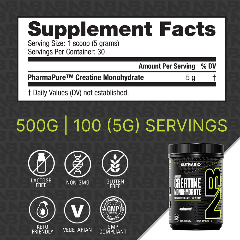 NutraBio, Performance, микронизированный моногидрат креатина, 500 г (1,1 фунта)