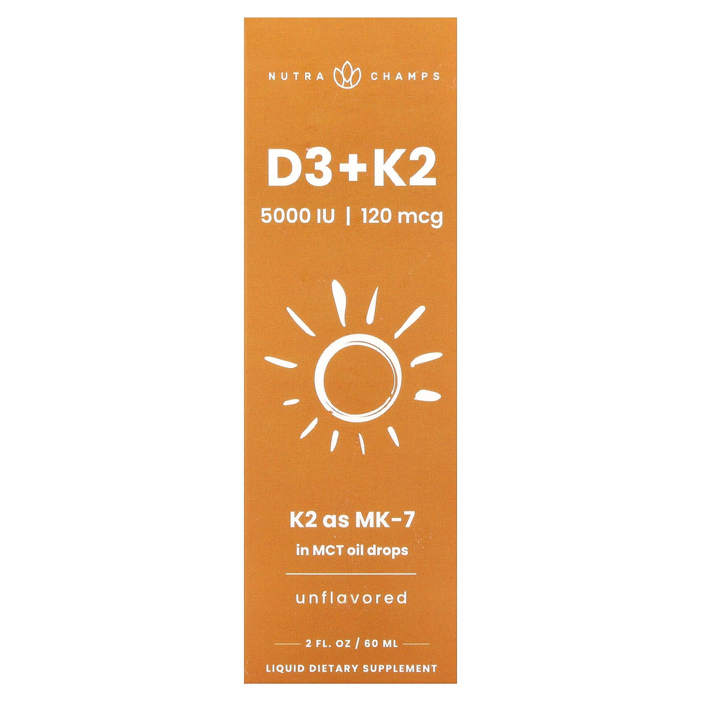 NutraChamps, Жидкие капли D3 + K2, без добавок, 60 мл (2 жидк. унц.)