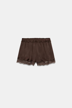ZARA КОМБИНИРОВАННЫЕ ШОРТЫ С КРУЖЕВОМ, КОРИЧНЕВЫЙ