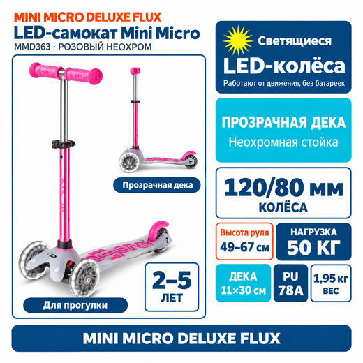 Самокат Mini Micro Deluxe Flux LED розовый неохром