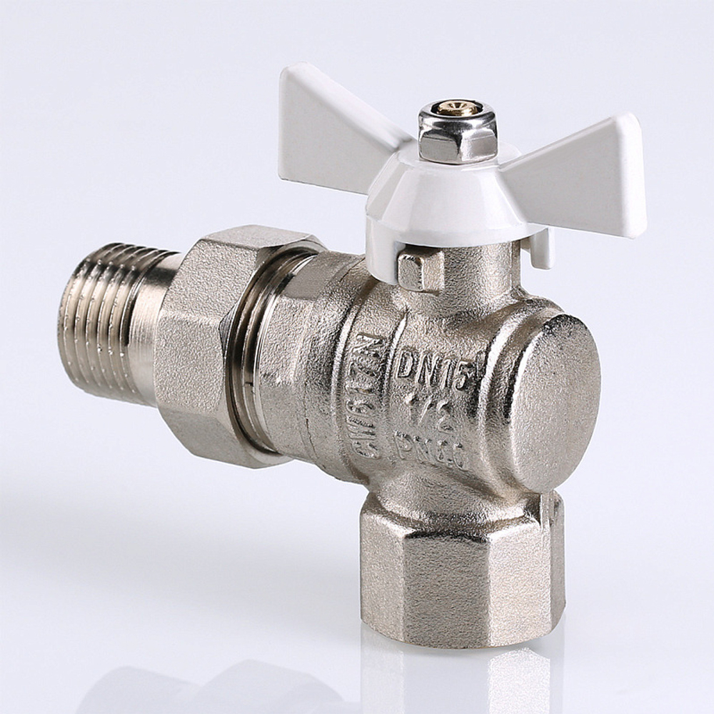 Кран шаровой Valtec BASE угловой с полусгоном 1/2" вн.-нар. белая рукоятка (VT.228.NW.04)
