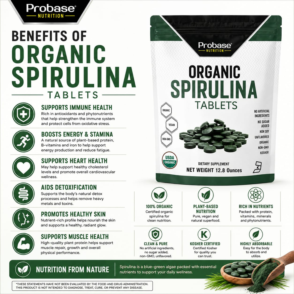 Probase Nutrition, Таблетки из органической спирулины, 12,8 унции
