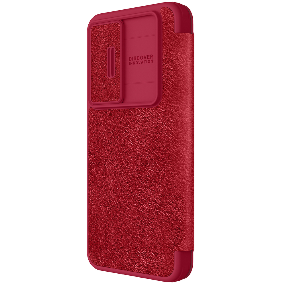 Кожаный чехол книжка красного цвета от Nillkin для Samsung Galaxy S24 FE, серия Qin Pro Leather с защитной шторкой для камеры
