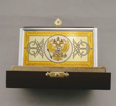 Стильная металлическая визитница "Герб РФ" №021 с цирконием в футляре