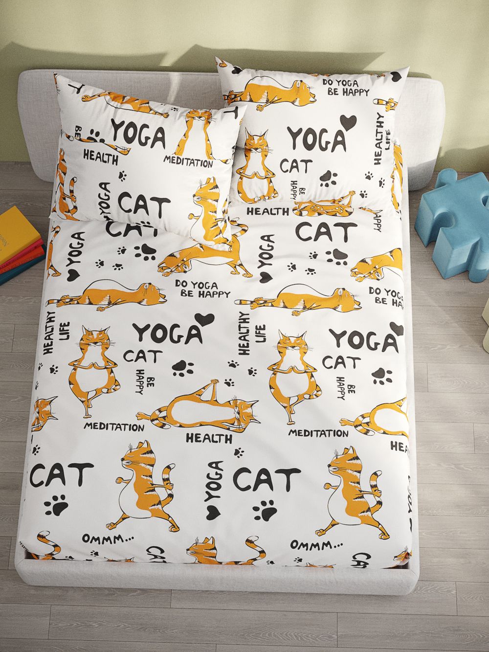 Постельное белье бязь Сказка "Yogacat" 2-спальное  Наволочка 50х70 см 2 шт Простынь на резинке 160x200 см Пододеяльник 175x215 см