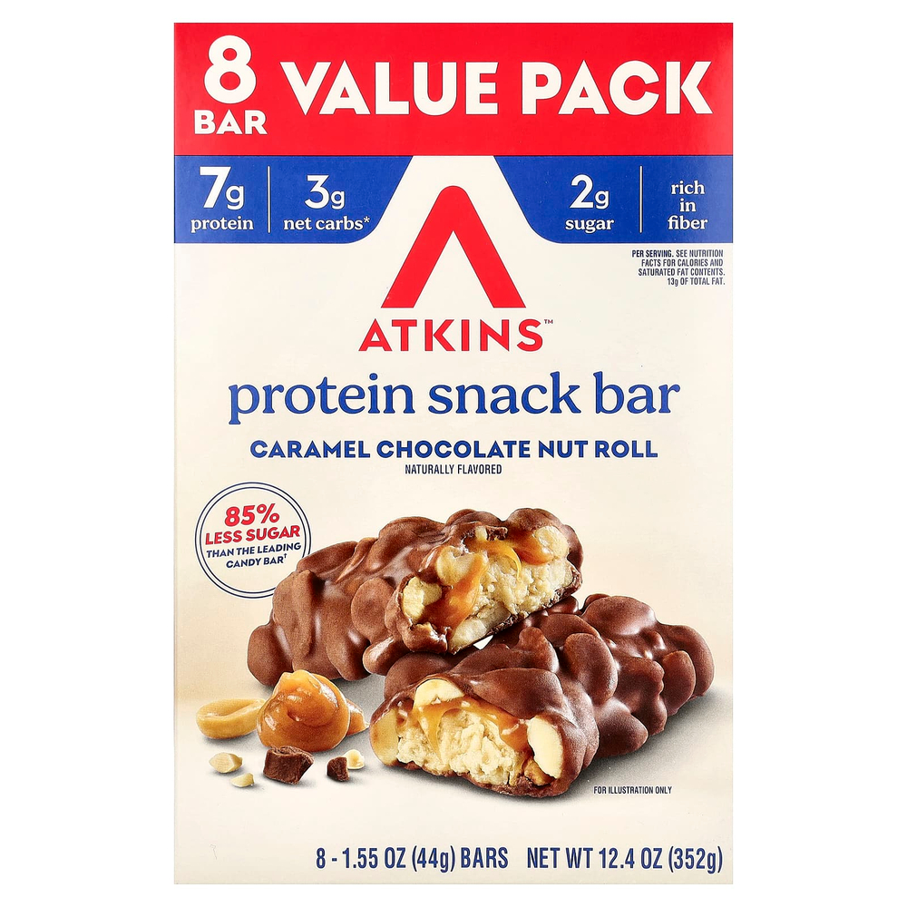 Atkins, Snack, батончик с карамелью, шоколадом и орехами, 8 батончиков, 44 г (1,55 унции)