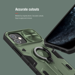 Чехол противоударный от Nillkin зеленого цвета (Dark Green) для iPhone 12 mini, серия CamShield Armor Case, с кольцом и металлической защитной шторкой для камеры