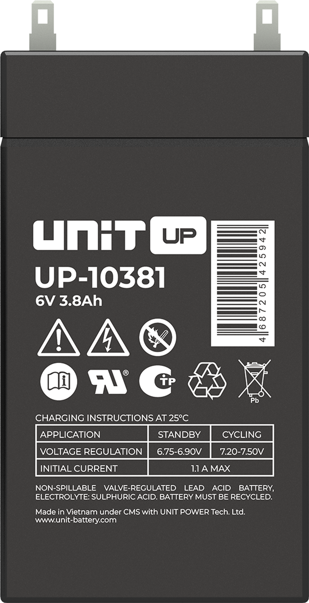Аккумулятор UNIT UP-10381 - AGM ( 6В / 3,8Ач )