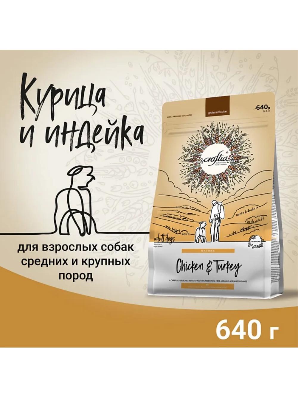 NATURA для собак средних пород курица и индейка 640г