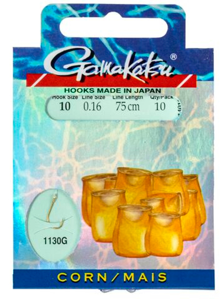 Крючки с поводком Gamakatsu BOOKLET CORN 1130G разм. 10-0.16мм 75см 10шт.