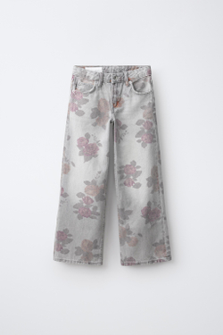 ZARA БРЮКИ WIDE LEG С ПРИНТОМ С РОЗАМИ, СЕРЫЙ