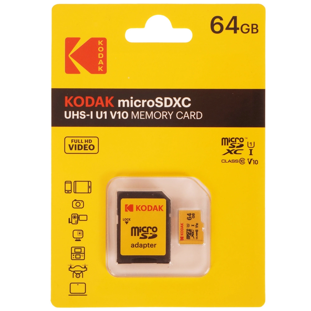 Карта памяти Kodak 64GB microSDXC UHS-I U1 V10 A1, R/W 85/25 МБ/с желтая с адап