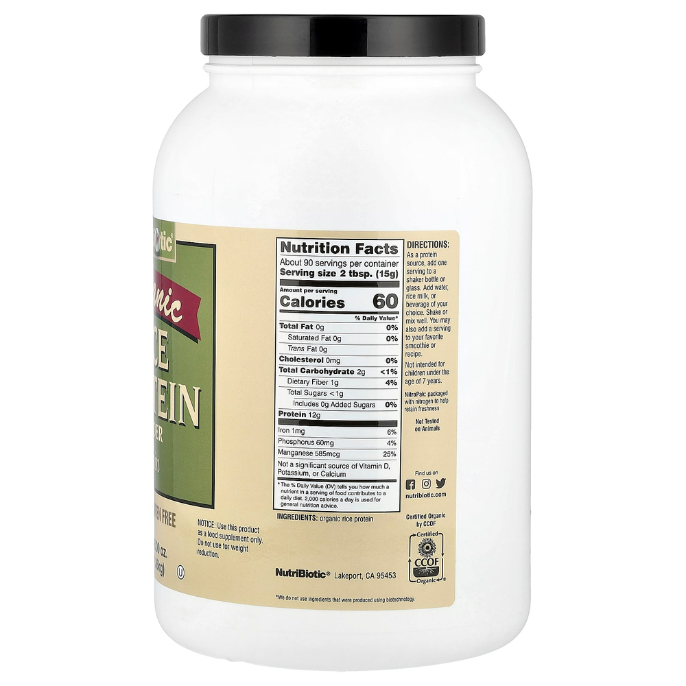 NutriBiotic, Органический рисовый протеин в порошке, обычный, 1,36 кг (3 фунта)