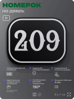 Номерок на дверь квартиры 209, для кабинета, офиса, шильдик 9 х 7 см, черный, Айдентика Технолоджи