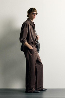 ZARA БРЮКИ RELAXED FIT ИЗ ХЛОПКА И ЛЬНА, ШОКОЛАДНЫЙ
