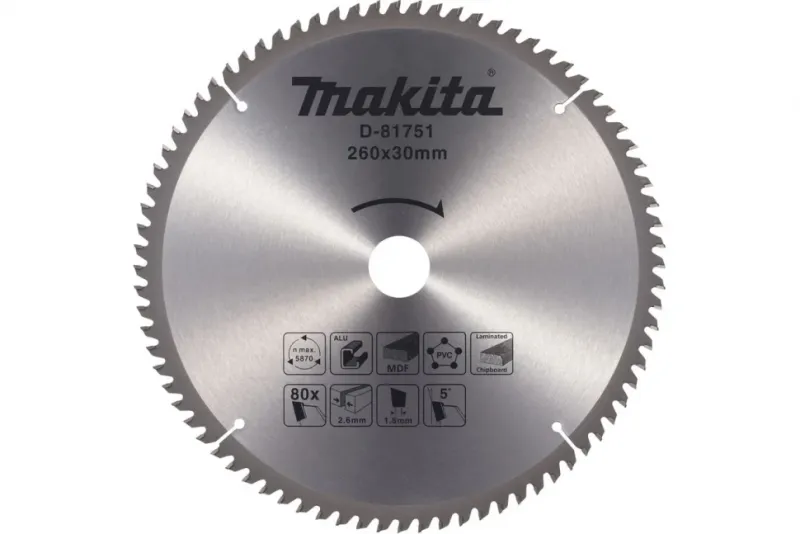 Пильный диск Makita D-81751 260×30 мм, 80T, алюминий / пвх / мдф / дсп