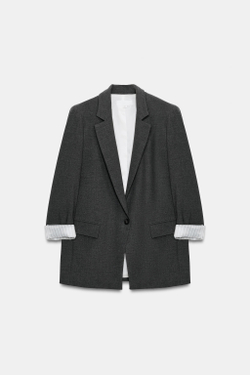 ZARA БЛЕЙЗЕР С ПОДПЛЕЧНИКАМИ И ПРИНТОВАННЫМИ МАНЖЕТАМИ, ТЕМНО-СЕРЫЙ