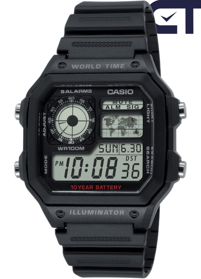 Casio AE-1200WH-1A — мужские электронные часы с мировым временем