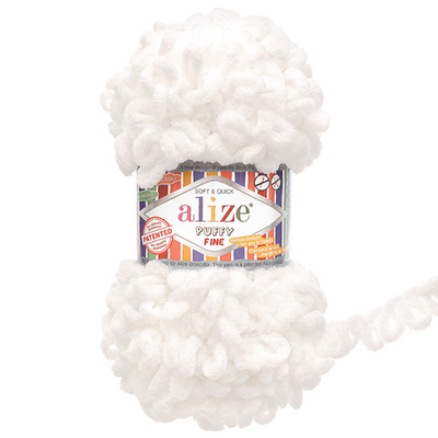 Пряжа Alize (Ализе) Puffy Fine / уп.5 мот. по 100 г, 14м, 055 белый A