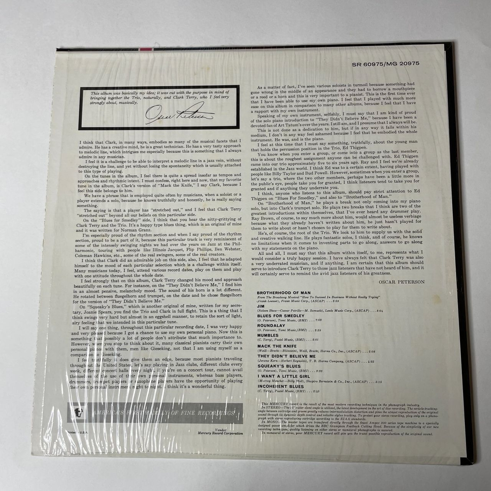 Винтажная виниловая пластинка LP Oscar Peterson Trio and Clark Terry Oscar Peterson Trio One (USA 1973)