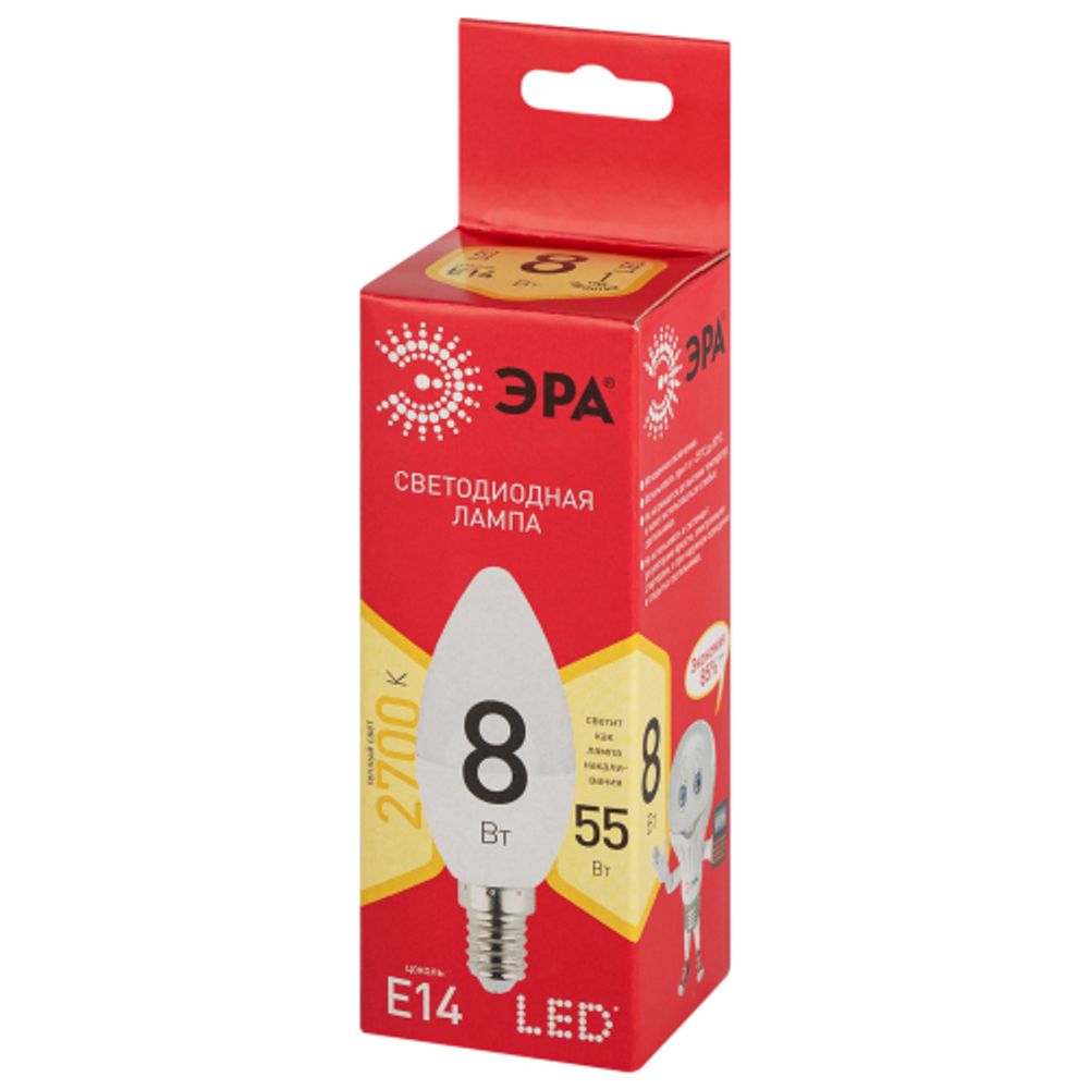 Лампа светодиодная ЭРА RED LINE LED B35-8W-827-E14 R 8Вт свеча теплый белый свет Е14 | Лампы cветодиодные Свеча (B/C)