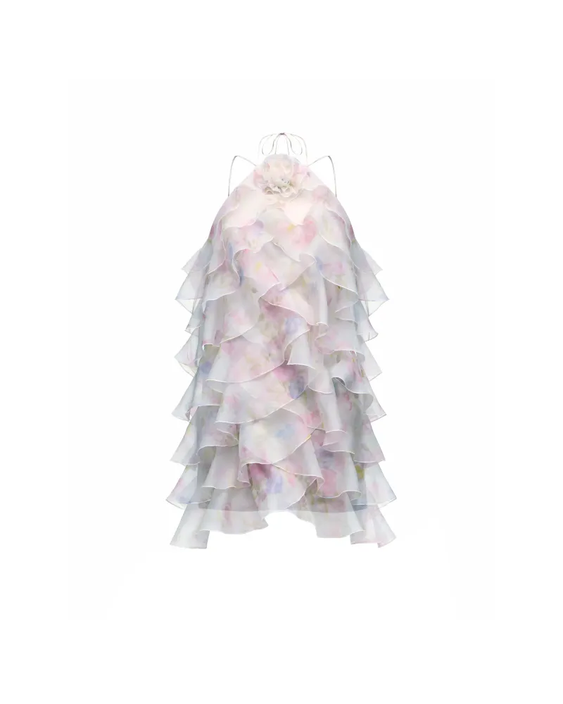Далия мини (Dahlia mini), платье мини из голубой органзы с цветочным принтом 