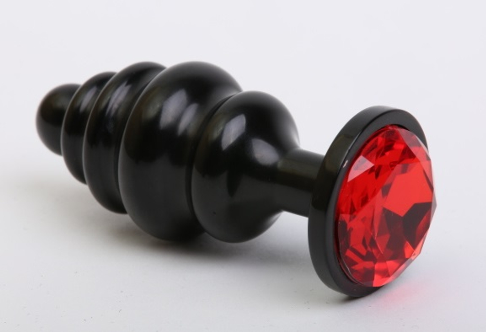 Анальная пробка фигурная 3,5 х 8,2 см металл черная красный страз 47474-2MM
