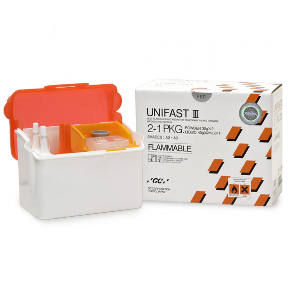 --- Unifast III 2-1 (порошок A2+A3 по 35гр.+жидкость 42мл.) Унифаст III, пластмасса для изготовления временных коронок