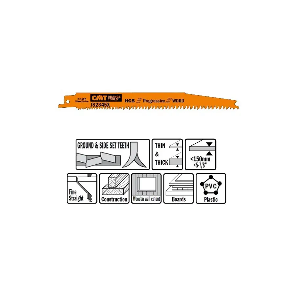 Пилки сабельные 5 штук для дерева 200x2,4-4x6-10TPI CMT JS2345X-5