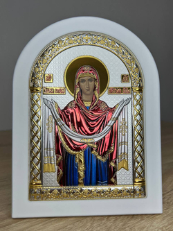 Покрова, икона арочная, белое дерево, эмаль 150х200 — вид сбоку