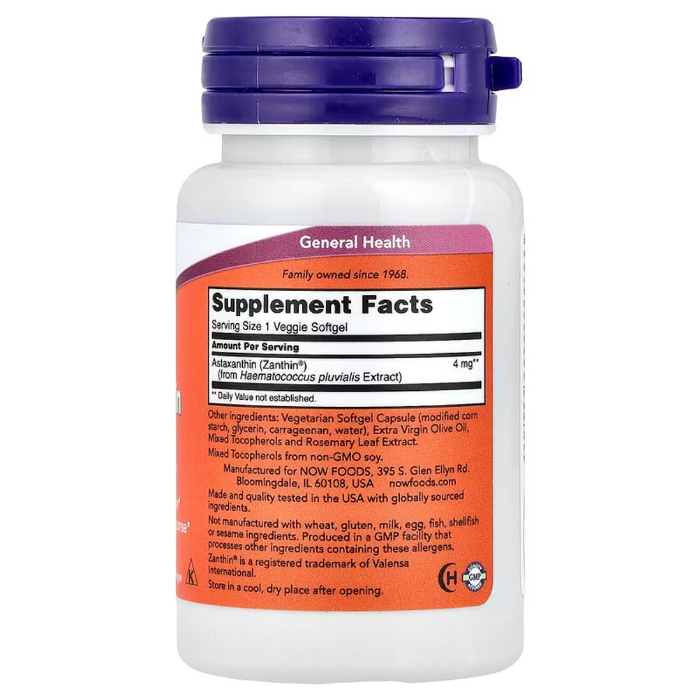 NOW Foods, астаксантин, 4 мг, 60 растительных капсул