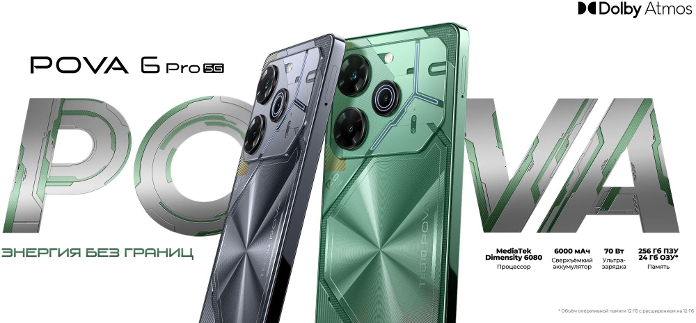 Смартфон TECNO POVA 6 Pro, 5G, 12GB RAM, 256GB ROM, AMOLED, камера 108MP, NFC, Серый
