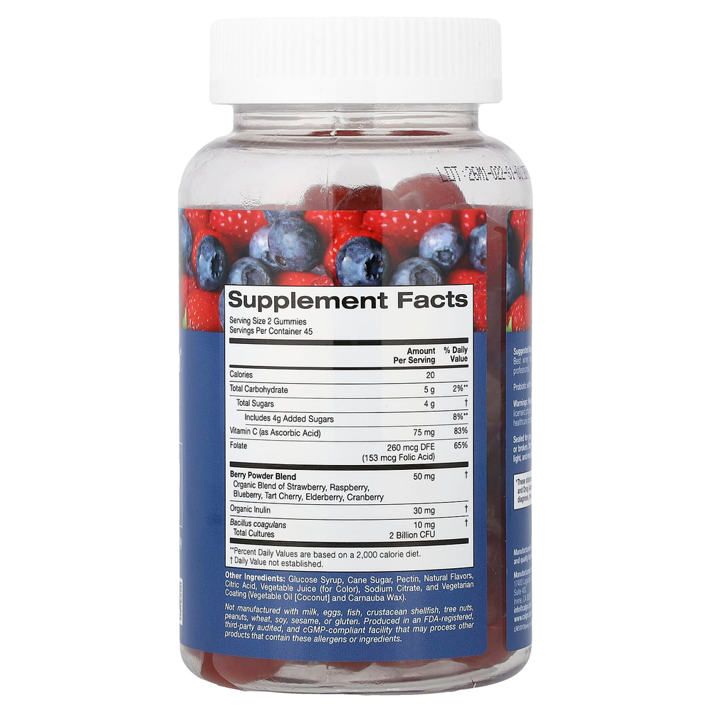 California Gold Nutrition, пробиотик с инулином в жевательных таблетках, с витамином C, фолатом, смесью экстрактов ягод и органическим инулином, с натуральным ягодным вкусом, 90 вегетарианских жевательных таблеток