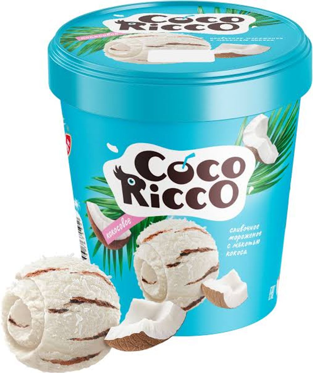 Мороженое СЛИВОЧНОЕ COCORICCO с кокосовым молоком, мякотью кокоса и глазурью в бумажном ведерке 300гр 6шт