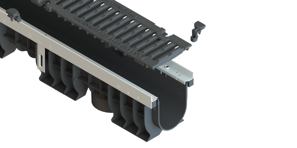 Лоток водоотводный PolyMax Drive DN100 h76 пластиковый с решеткой щелевой чугунной ВЧ кл. D (комплект)