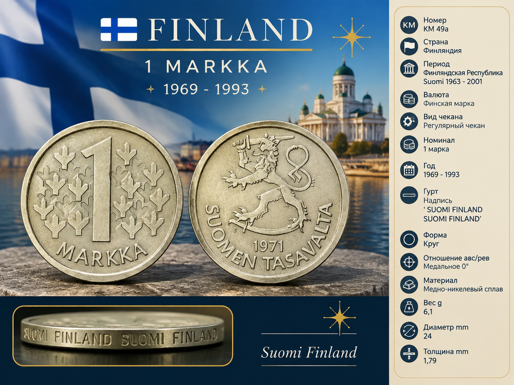Финляндия 1 марка, 1971 Герб XF