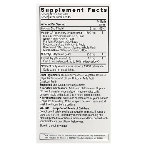 Nature's Answer, MulleinX® Respiratory, поддержка дыхательной системы, NAC и цинк, 90 вегетарианских капсул