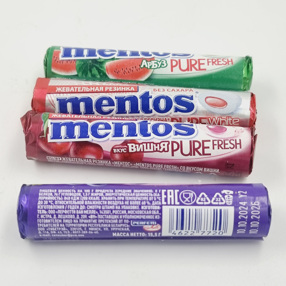 Mentos жевательная резинка Pure White вкус Клубника, Виноград, Вишня, Арбуз (15,5х4) 62 г
