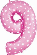 Шар (40"/102 см) Цифра, 9, Сердечки, Розовый, в упаковке 1 шт.
