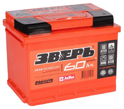 Аккумулятор ЗВЕРЬ Standart 60 А/ч обратный R+ 242x175x190 L2 EN 620 А