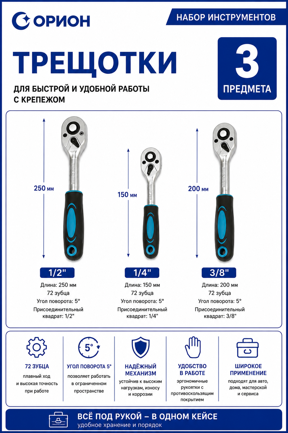 Набор инструментов (121 предмет) трещотки 1/2"- 1/4"- 3/8"