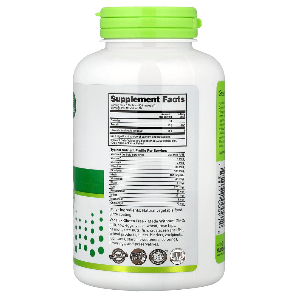 NutriBiotic, хлорелла, 300 веганских таблеток (500 мг в 1 таблетке)
