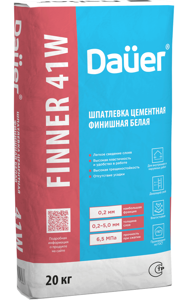 Dauer FINNER® 41W Шпатлевка цементная финишная белая 180/6,5/F50 ГОСТ 33699