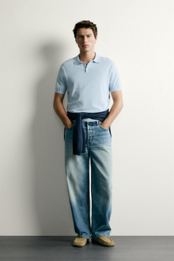 ZARA ТРИКОТАЖНОЕ ПОЛО КЛАССИЧЕСКОГО КРОЯ, НЕБЕСНО-ГОЛУБОЙ