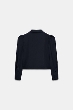 ZARA УКОРОЧЕННЫЙ БЛЕЙЗЕР СО СБОРКАМИ НА ПЛЕЧАХ, СИНИЙ